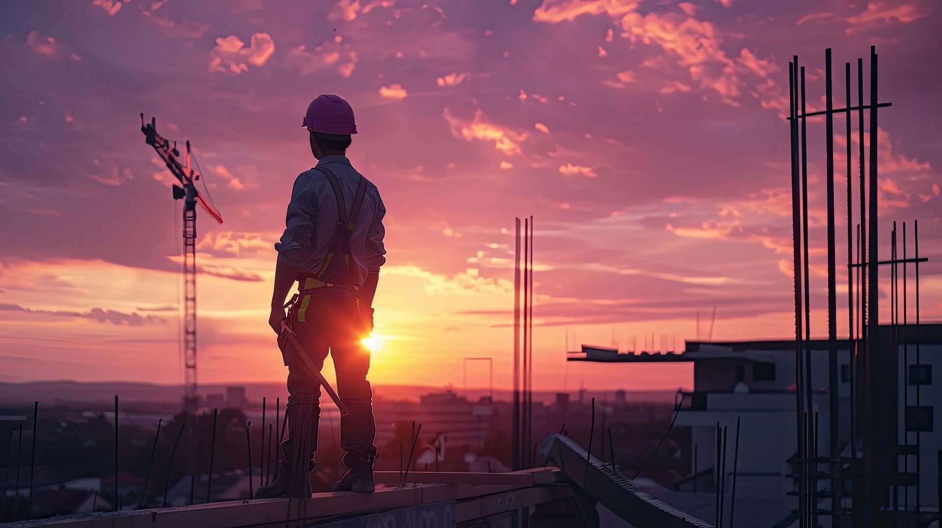 Ouvrier face à un ciel rosé et un chantier tout autour