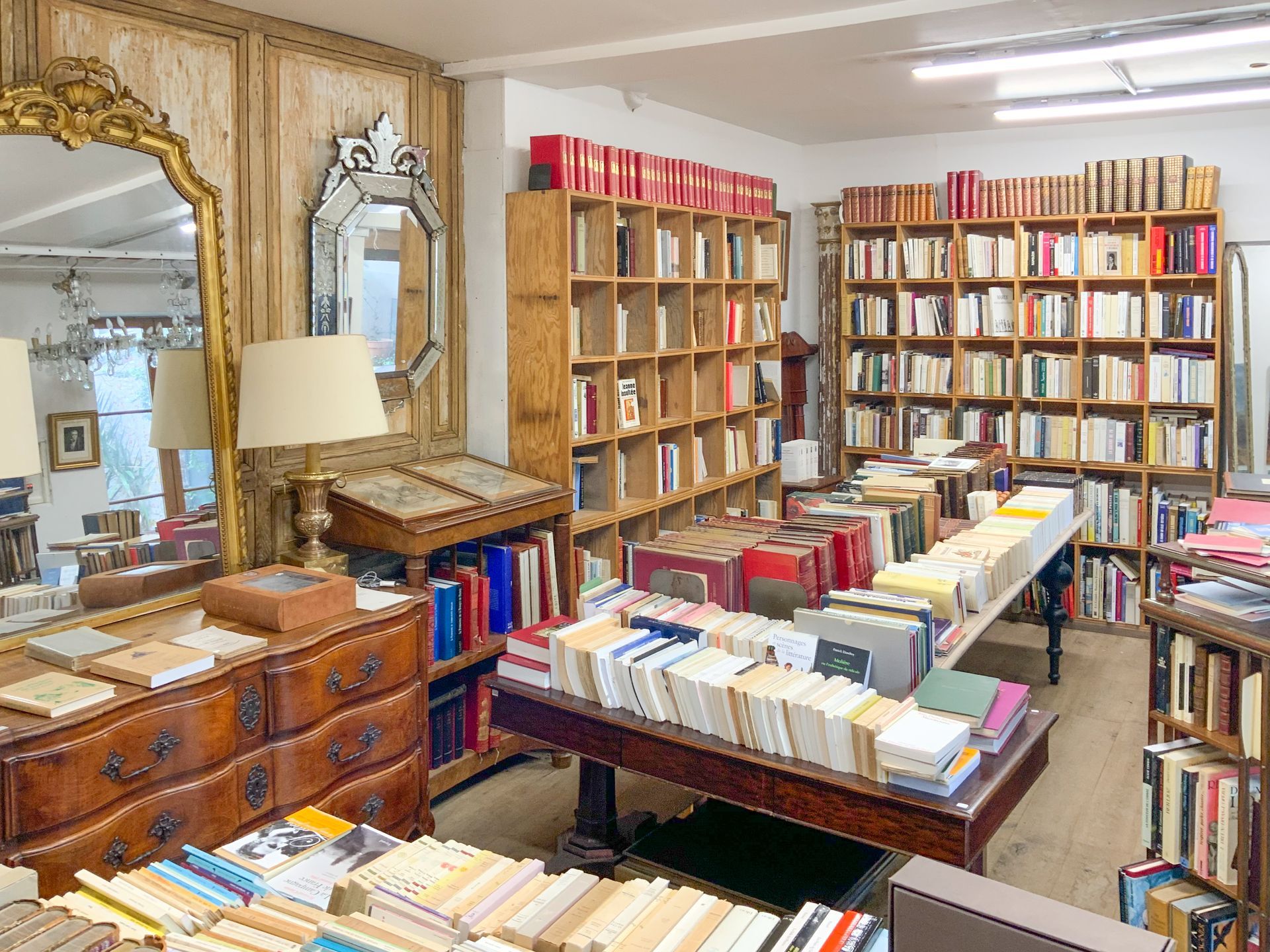 Grande bibliothèque, livres exposés sur des tables, des étagères…