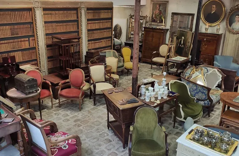 Grande pièce avec une bibliothèque, des fauteuils et du mobilier.