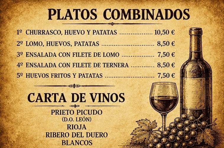 Menú de un restaurante español con menús combinados y carta de vinos junto a una botella y una copa de vino.