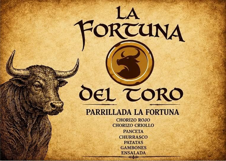 Cartel en sepia de “La Fortuna del Toro” con la ilustración de un toro y el texto del menú en español.