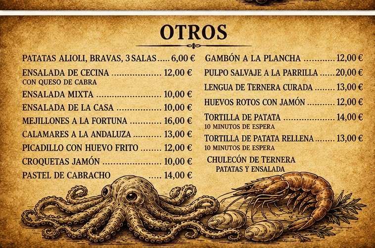 Cartel de menú español “OTROS” con tapas y precios sobre fondo beige, ilustrado con decoraciones de pan y trigo.