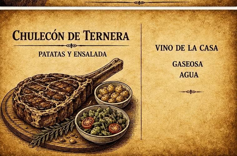 Menú en español de chuletón de ternera con patatas y ensalada, vino de la casa, gaseosa y agua.