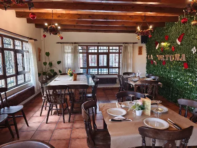 Acogedor comedor rústico con mesas de madera, suelo de baldosas de terracota, adornos colgantes y una pared decorativa verde.