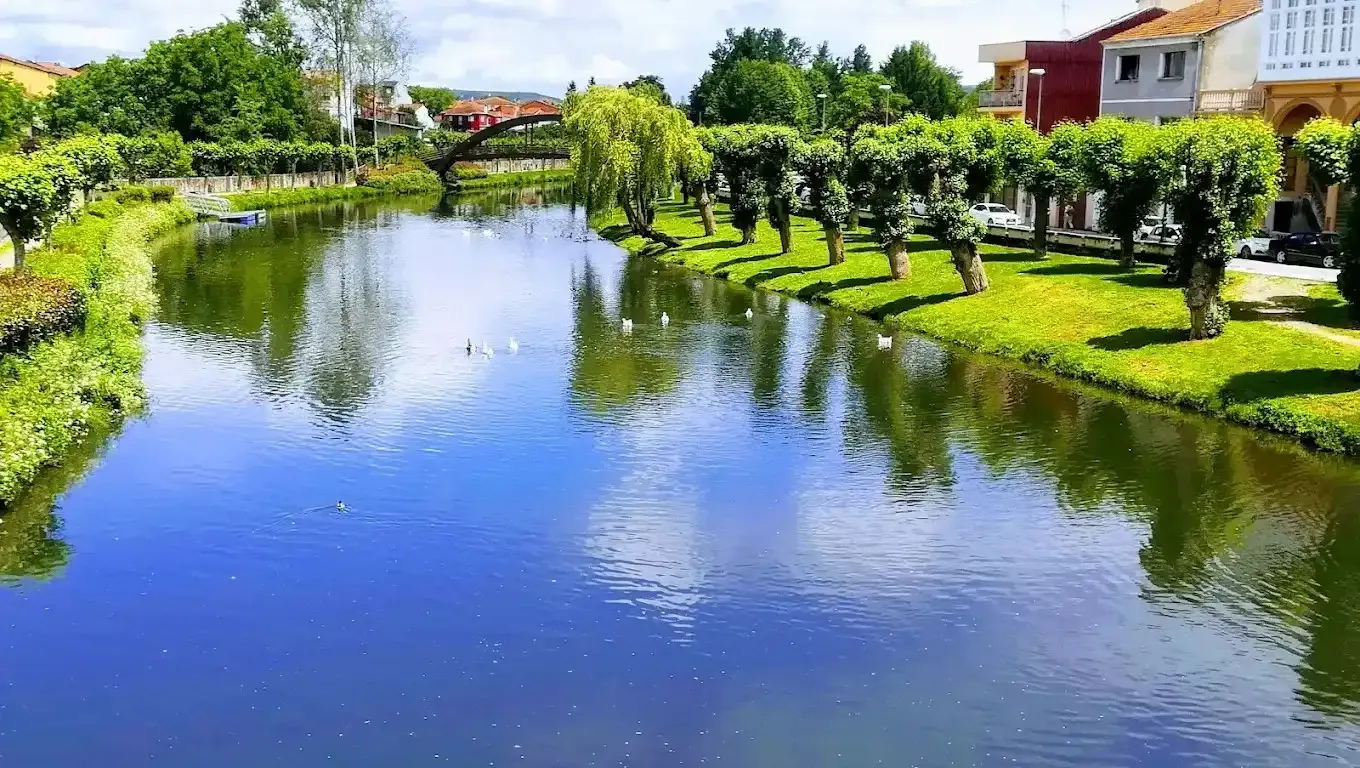 Río con árboles a ambos lados, orillas cubiertas de hierba y un puente bajo un cielo azul con nubes.