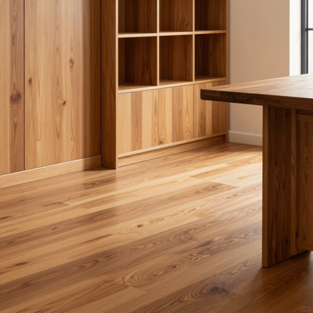 Carretes de hilo de colores, alfileres y tela doblada sobre una mesa de madera para coser.