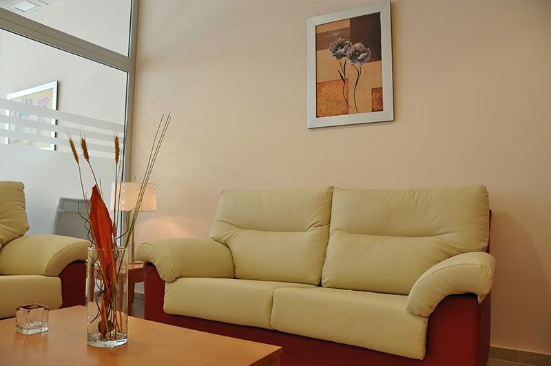 Una sala de estar con un sofá y un jarrón de flores sobre la mesa.