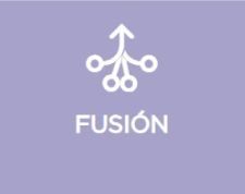 Un icono blanco sobre un fondo morado que dice fusión.