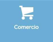 Un icono de carrito de compras sobre un fondo azul con la palabra comercio.