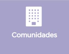 Un fondo morado con un icono blanco de un edificio y la palabra comunidades.