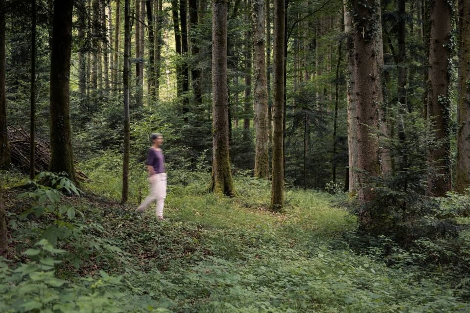 Eine Frau geht auf einem Schotterweg durch einen grünen Wald