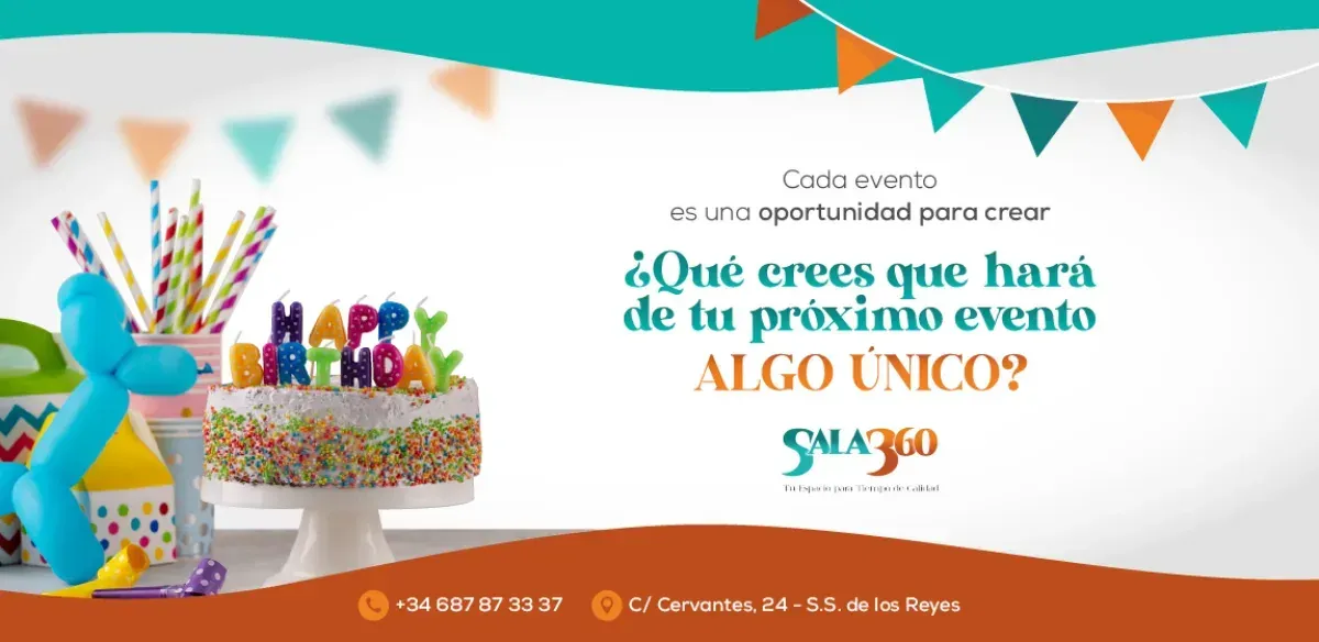Anuncio de banner con un pastel de cumpleaños y un texto que pregunta 