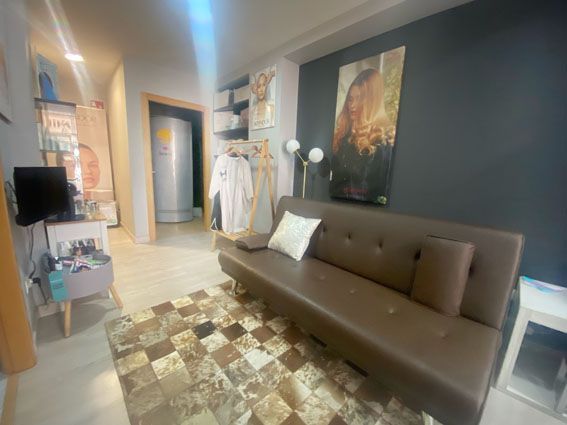Una sala de estar con un sofá y una alfombra.
