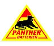 Das Logo von Panther Batteries ist ein gelbes Dreieck mit einem schwarzen Panther darauf.
