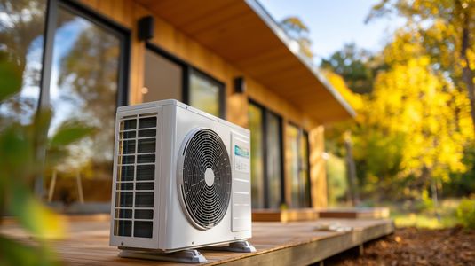 Unité de climatisation extérieure sur une terrasse en bois à côté d'une maison moderne au soleil