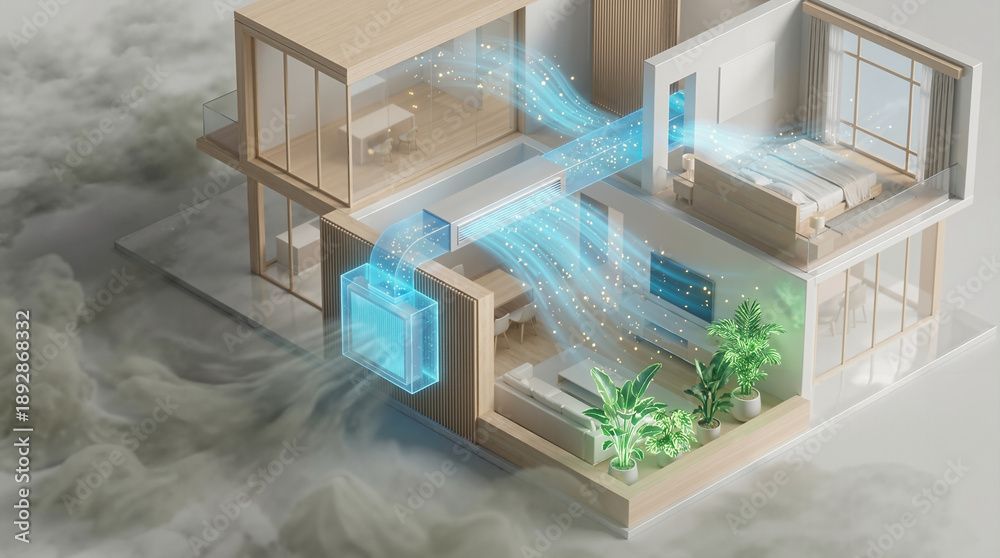 Vue en coupe d'une maison moderne avec des flèches bleues illustrant la circulation de l'air et des plantes montrant la ventilation naturelle des pièces