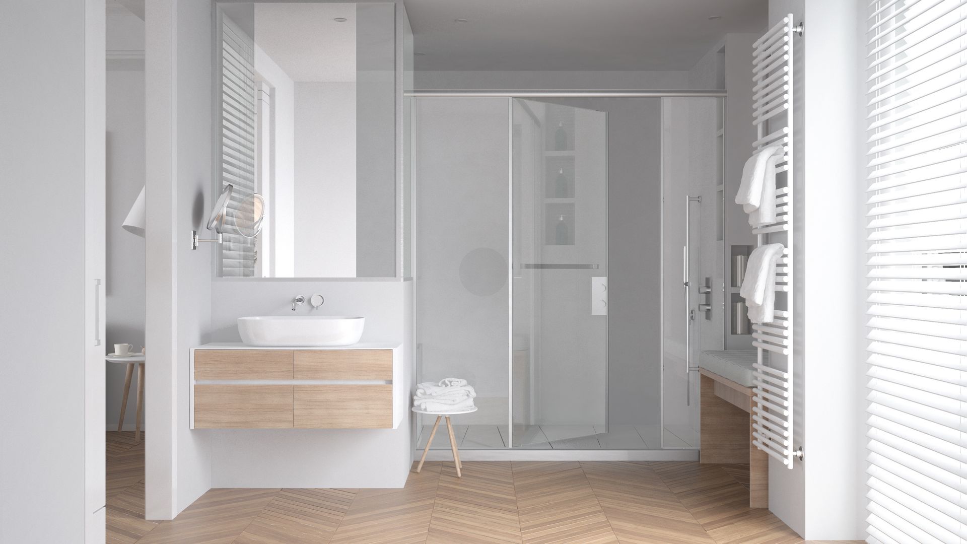 Salle de bains blanche, lumineuse et minimaliste avec un lavabo, un meuble de lavabo en bois clair, un plancher en bois clair et un porte-serviettes blanc.
