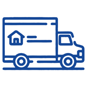 A blue icon of a delivery truck with a house on the back.