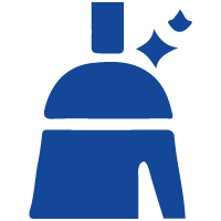 A blue icon of a broom with a bottle on top of it.