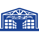 A blue and white silhouette of a warehouse with a roof and doors.