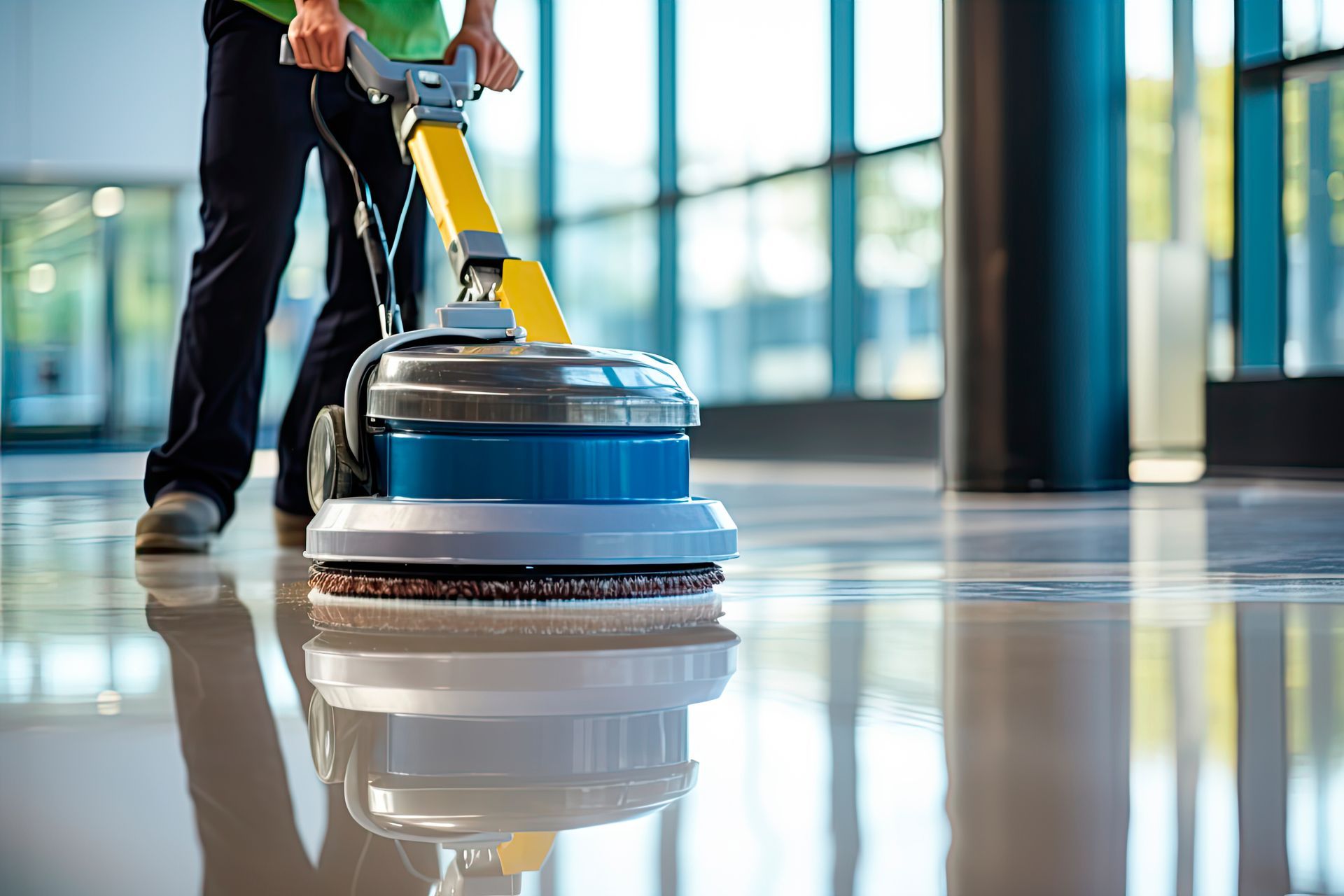 Blauer Mopp, Eimer und Reinigungsmittel auf einem hellen Küchenboden.