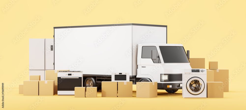 Weisser Umzugswagen mit Haushaltsgeräten und Umzugskartons auf gelbem Hintergrund.