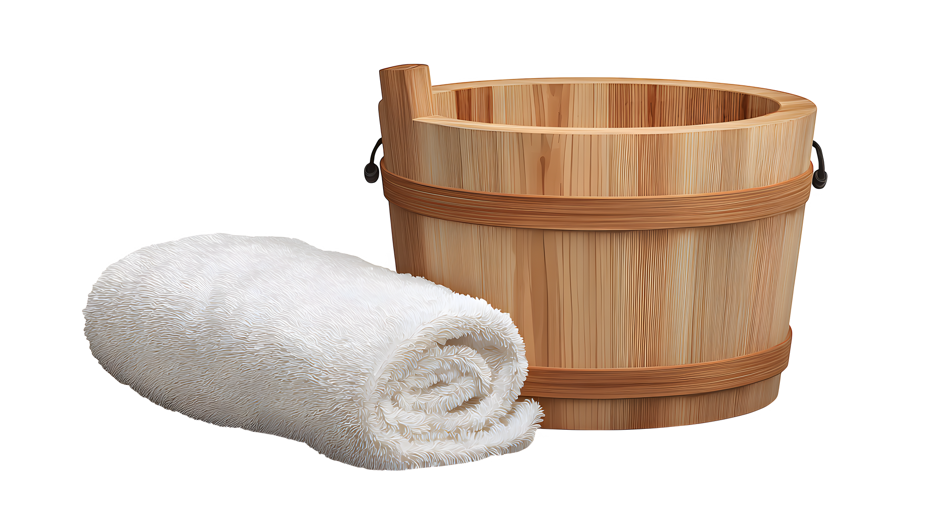 Un seau en bois et une serviette