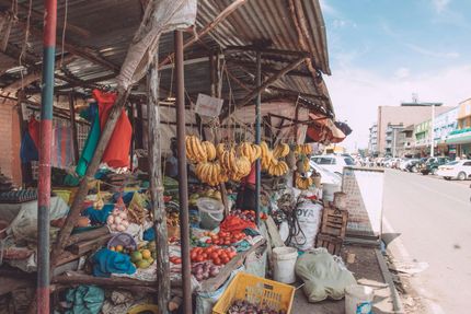 Street market stall with bananas, vegetables, and bags along a roadside under a canopy