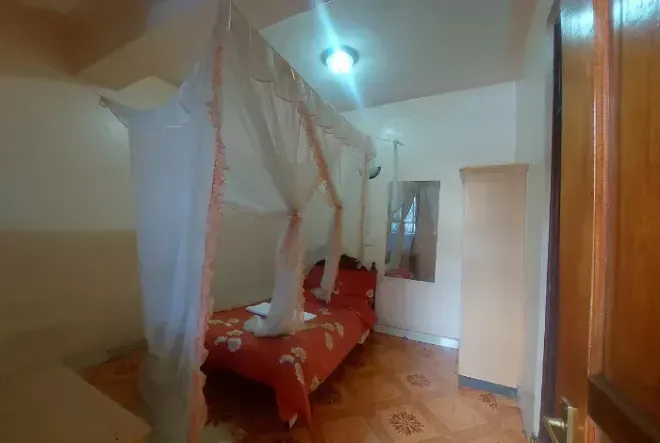 Bedroom with a canopy bed, red bedding, white mosquito net, and a mirror on the wall.