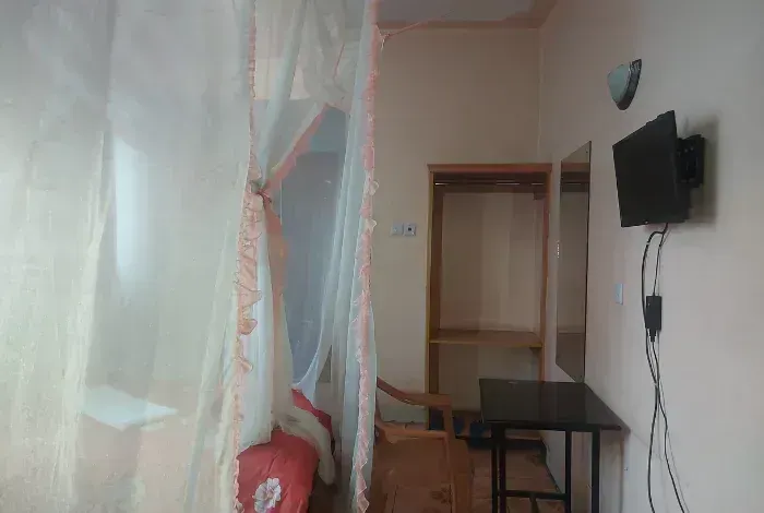 Small room with a bed under a white mosquito net, a desk, chair, and wall-mounted TV.