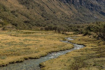 Winding stream through a grassy valley below rocky hills under cloudy light