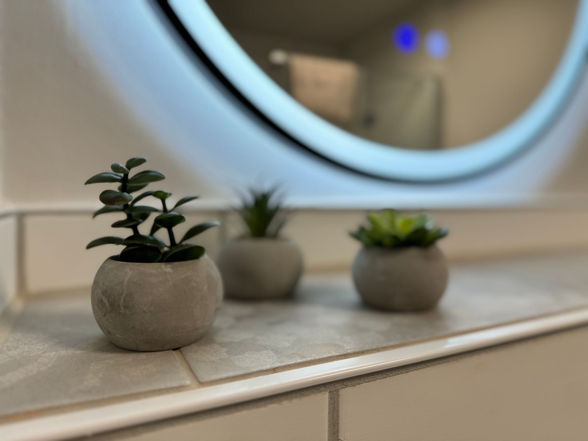 Badezimmerdetail mit Spiegel und Pflanzen