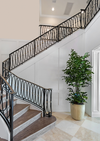 Un escalier avec une rampe en fer forgé et une plante en pot