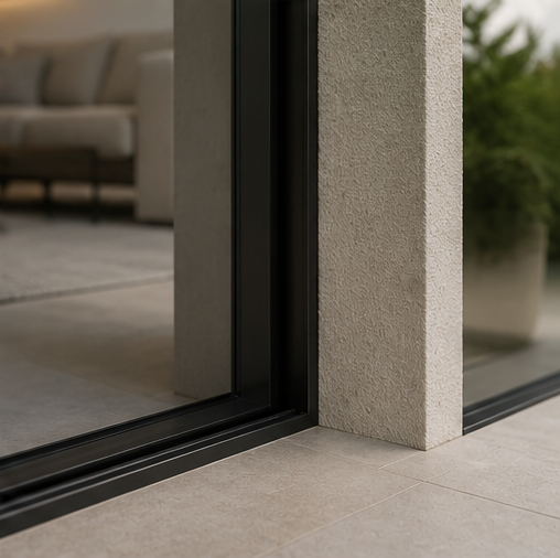 Puerta de patio moderna con marco de vidrio corredizo negro y piso de piedra beige.