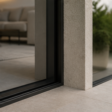 Puerta de patio moderna con marco de vidrio corredizo negro y piso de piedra beige.