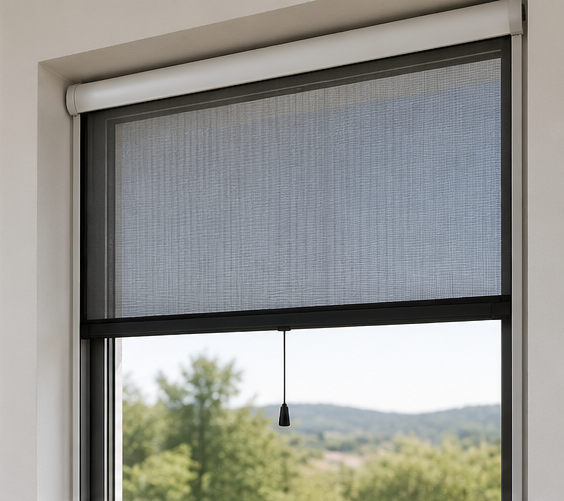 Persiana gris cerrada con cordón sobre una ventana con vistas a árboles y colinas.