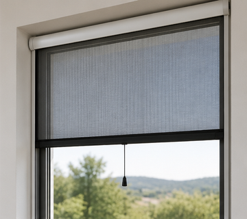 Persiana gris cerrada con cordón sobre una ventana con vistas a árboles y colinas.