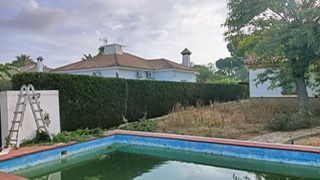 Una piscina vacía en un patio trasero con una casa al fondo.