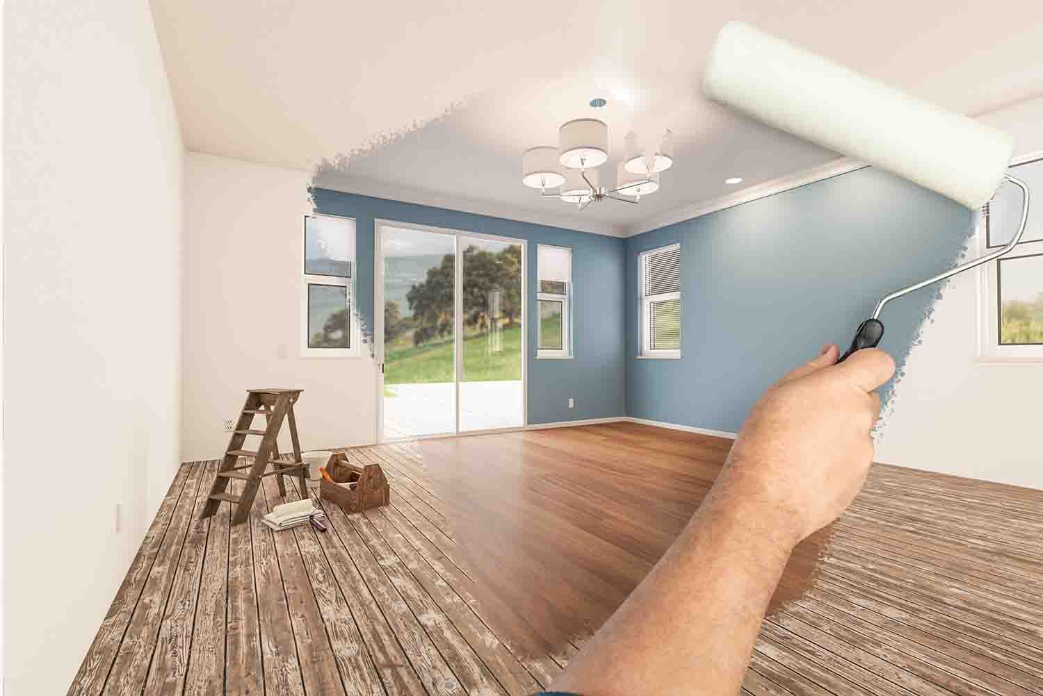 Montage photo d'une personne qui passe un rouleau de peinture qui transforme la maison