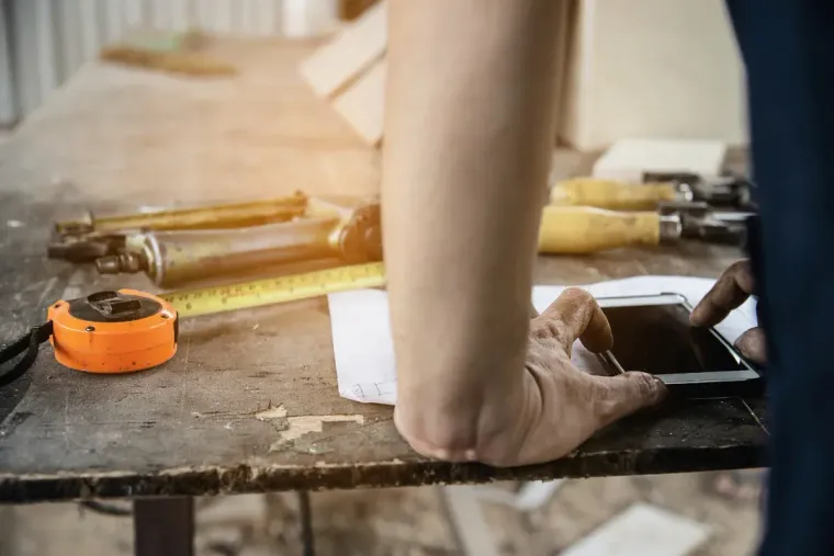 Persona utilizando un teléfono inteligente en una mesa de trabajo repleta de herramientas.