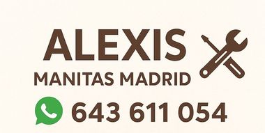 Logotipo marrón de Alexis Manitas Madrid con número de teléfono e icono de WhatsApp. Incluye llave inglesa y destornillador.