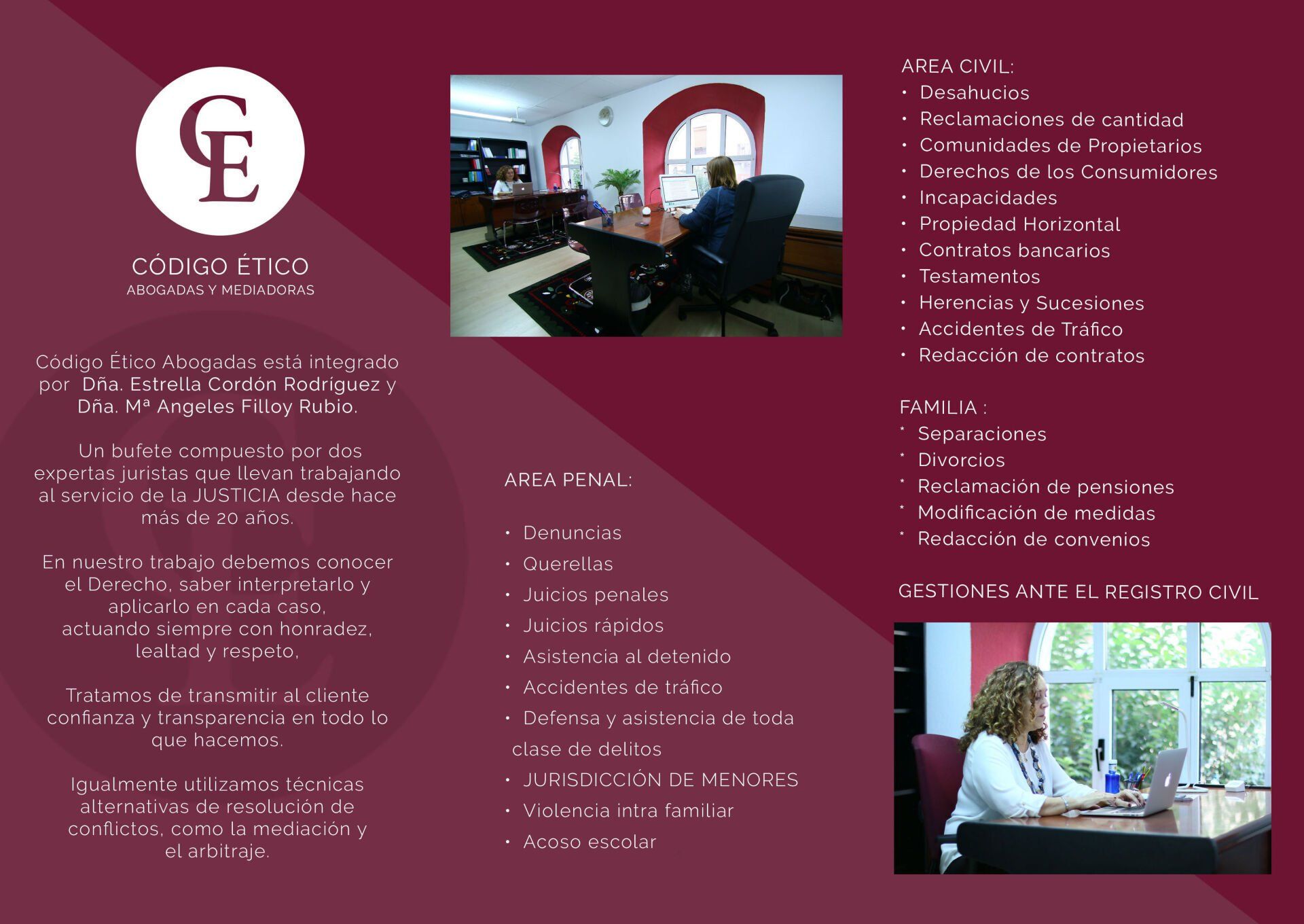 Folleto con información sobre servicios legales, con fotos de la oficina y sus profesionales.