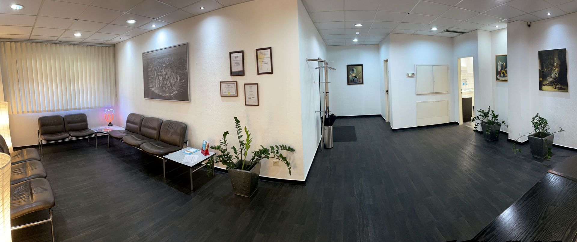 Sitzgelegenheit in brauner Lederoptik | Dekorative Pflanzen | Dunkler Holzboden