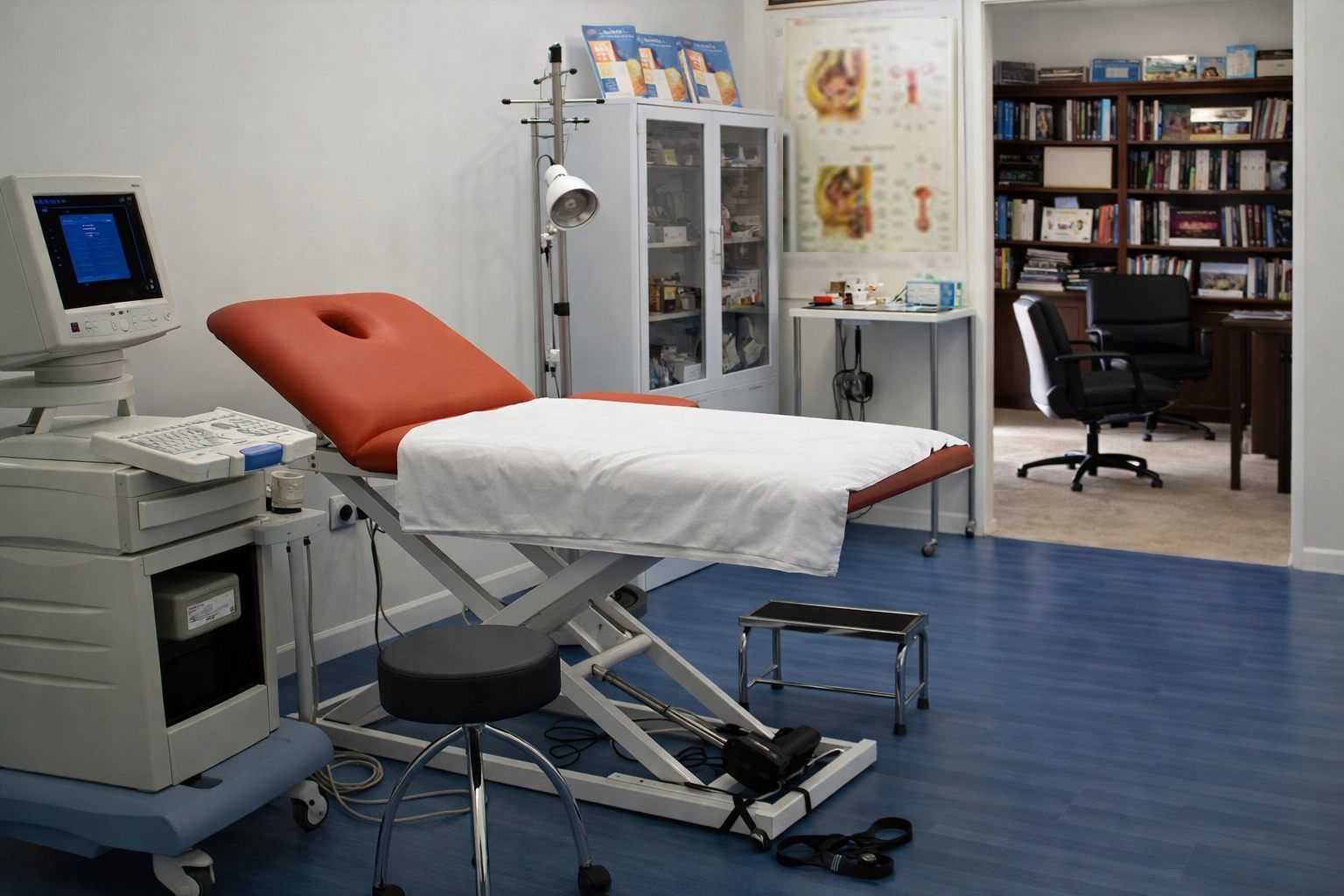 Sala de exploración médica con un aparato de ultrasonido, una camilla roja, un taburete y un despacho al fondo.
