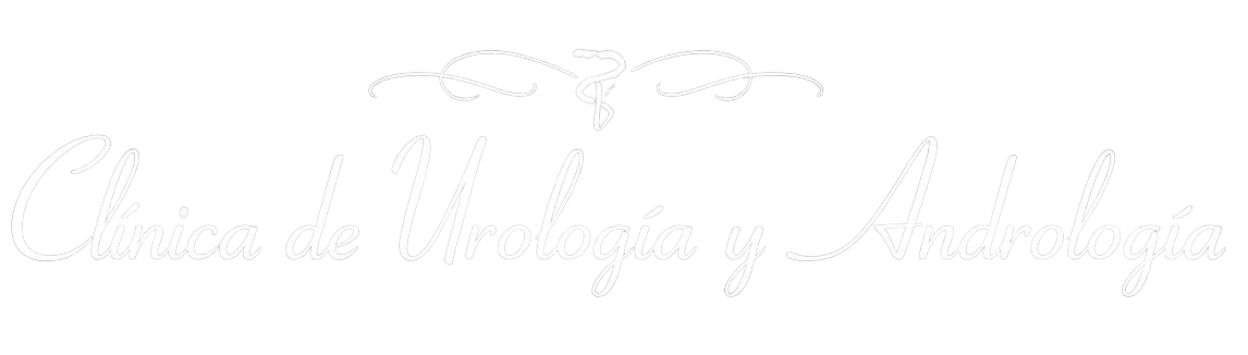 Texto blanco sobre fondo negro que dice: "Cl&iacute;nica de Urolog&iacute;a y Androlog&iacute;a" con un pergamino decorativo encima del texto.