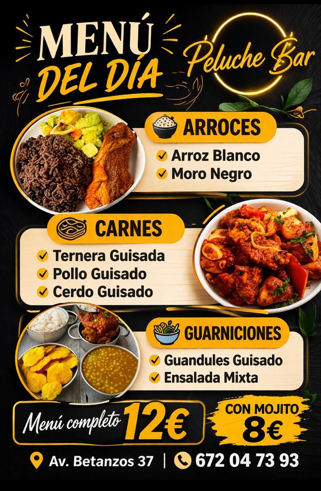 Menú del Peluche Bar en Av. Betanzos 37, con opciones de almuerzo diarias que incluyen arroz
