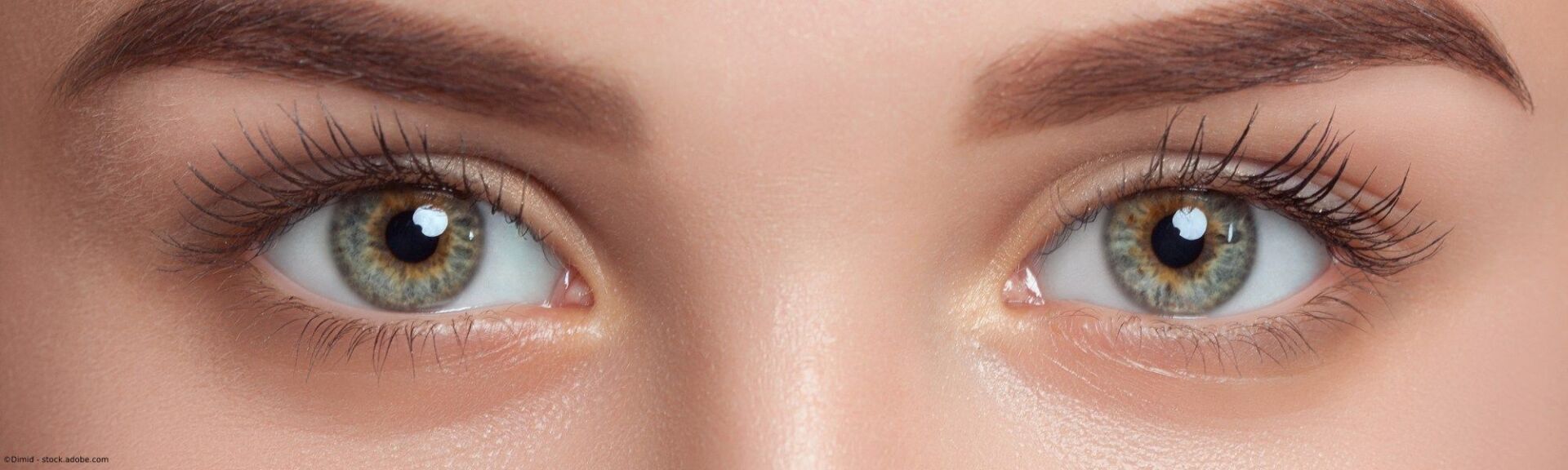 Nahaufnahme von zwei grünen Augen mit Mascara und braunen Augenbrauen. Die Haut ist hell mit einem Hauch von Rouge.