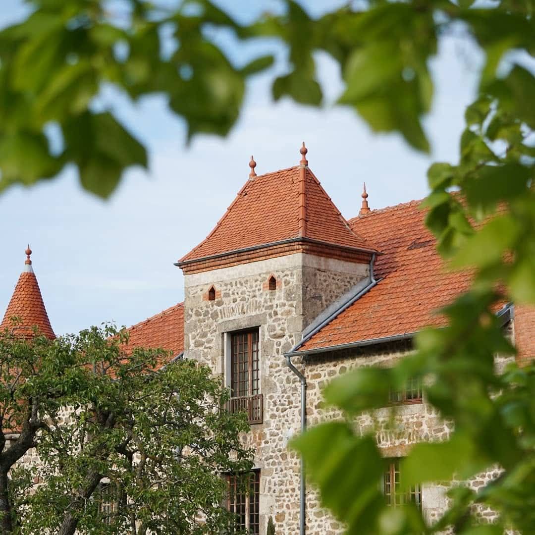 Bâtiment en pierre avec un toit de tuiles en terre cuite, encadré par des feuilles vertes au premier plan.