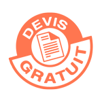 Badge circulaire orange Devis Gratuit avec une icône de document au centre