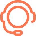 Icône orange représentant une personne avec un casque-micro, suggérant un service client ou une assistance téléphonique.